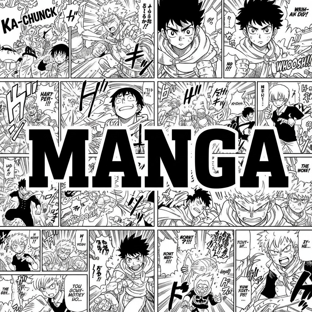 Collage de viñetas de manga en blanco y negro con la palabra MANGA escrita en letras grandes y negras sobre el centro.