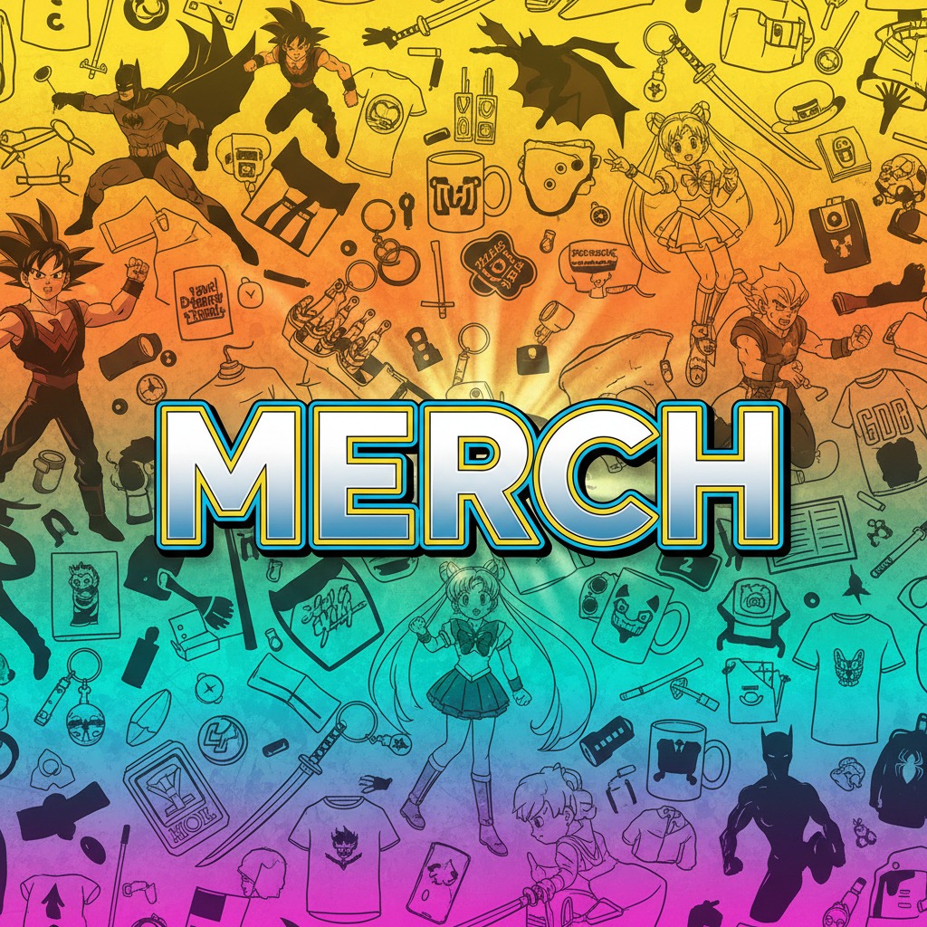 La palabra "MERCH" aparece en el centro sobre un fondo degradado de colores con ilustraciones de personajes de anime y superhéroes.
