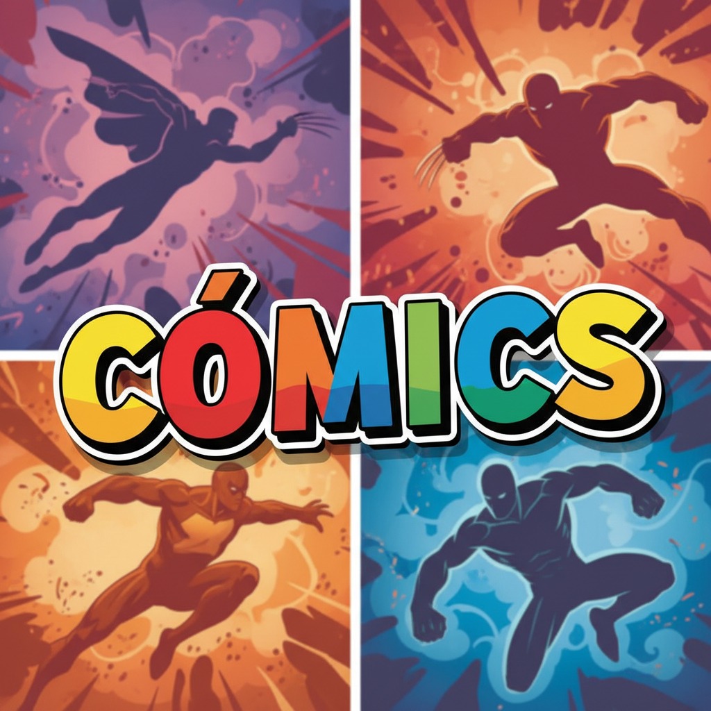 Cuatro paneles con siluetas de superhéroes en acción rodean la palabra CÓMICS escrita con letras coloridas.